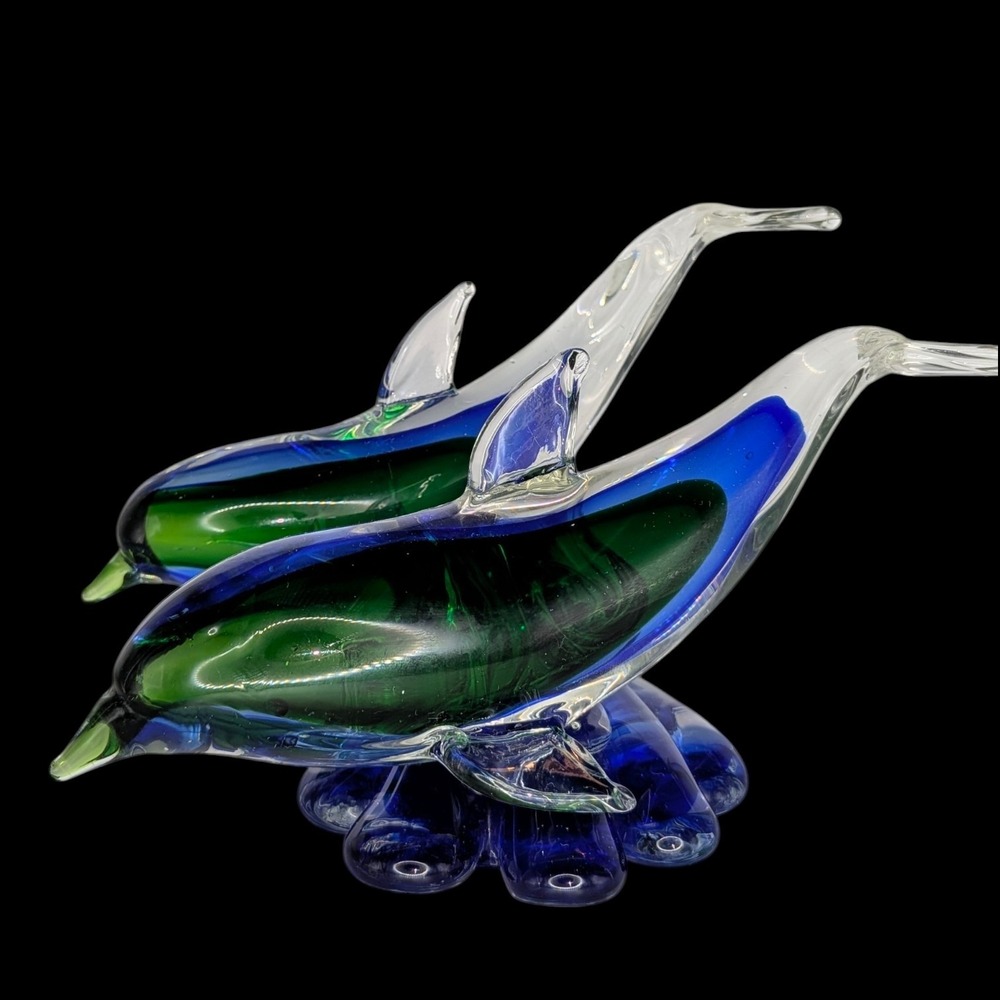 VTG Murano Style Sommerso Dolphins Art Glass Paperweight Colorful Sculptured Art